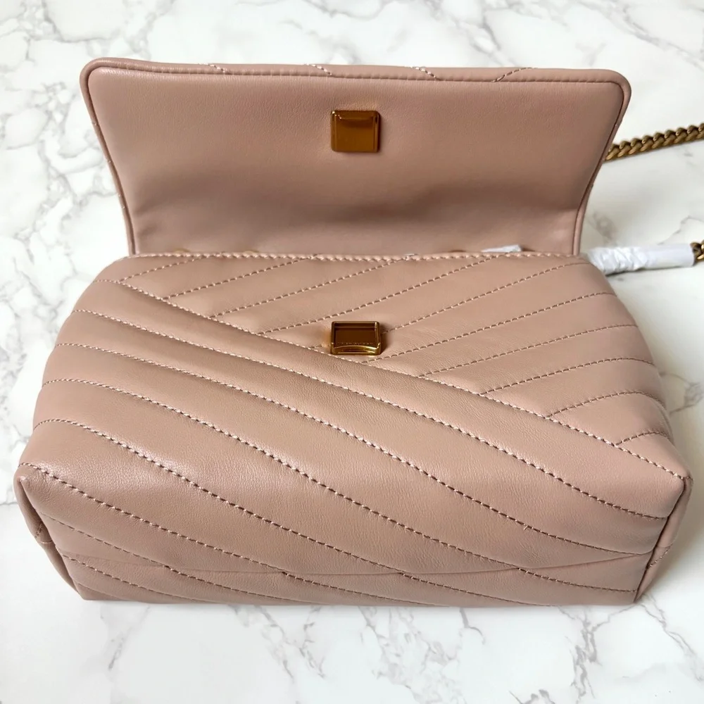 New Tory Burch Kira Chevron Small Leather Shoulder Bag Beige Neutral